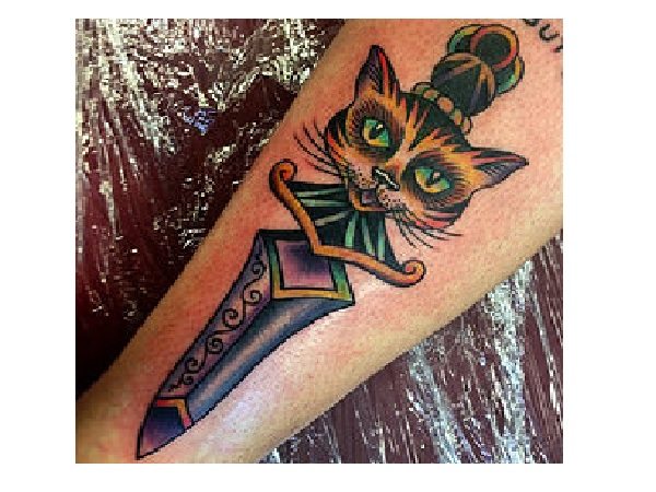 Cat Dagger Arm Tattoo