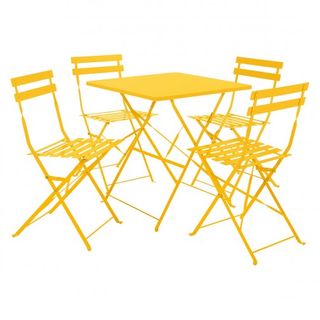 שולחן גן מתקפל ממתכת צהוב מתכת וארבעה כיסאות