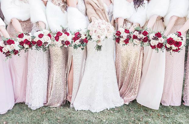 Χειμερινά Bridesmaids Sequin φορέματα Λευκά γούνινα σάλι