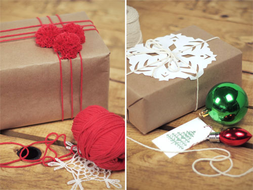Emballage cadeau en papier brun flocon de neige Pom Pom