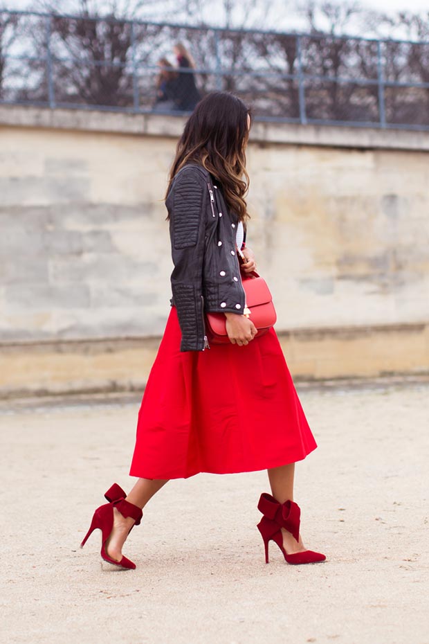 Red Midi Φούστα Δερμάτινο Jacket Outfit