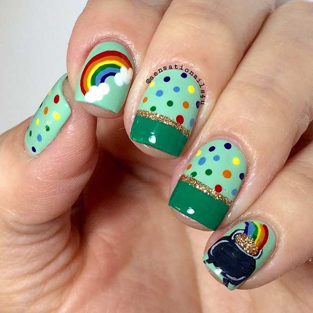 Πολύχρωμα Rainbow και Pot of Gold St Patrick's Nails