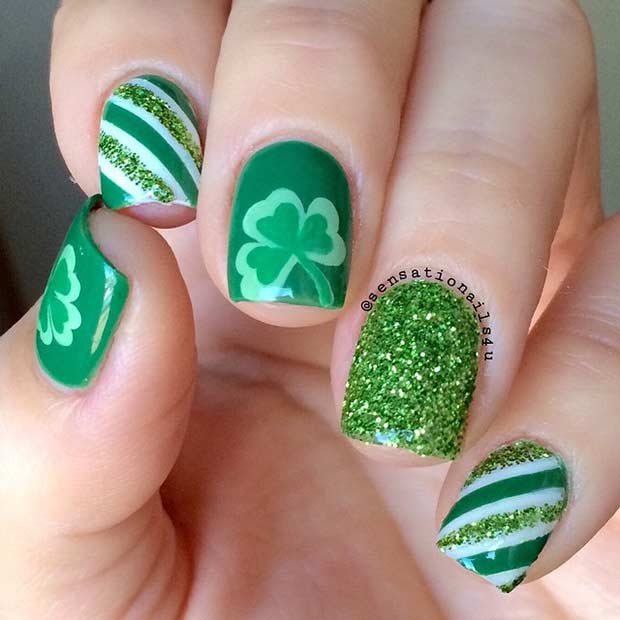 Green Stripes and Clovers Nail Design