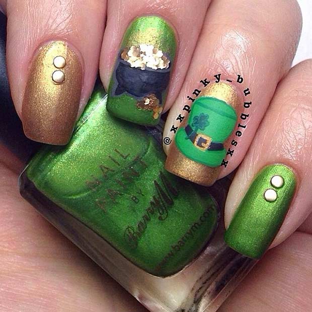 Conception d'ongles pour le jour de la Saint-Patrick en pot d'or