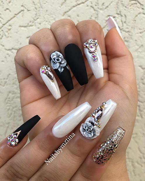 Chic Black, White and Gold Coffin Nails