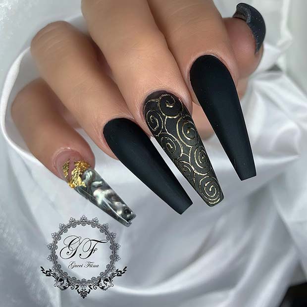 Long Coffin Nails with Trendy Swirls