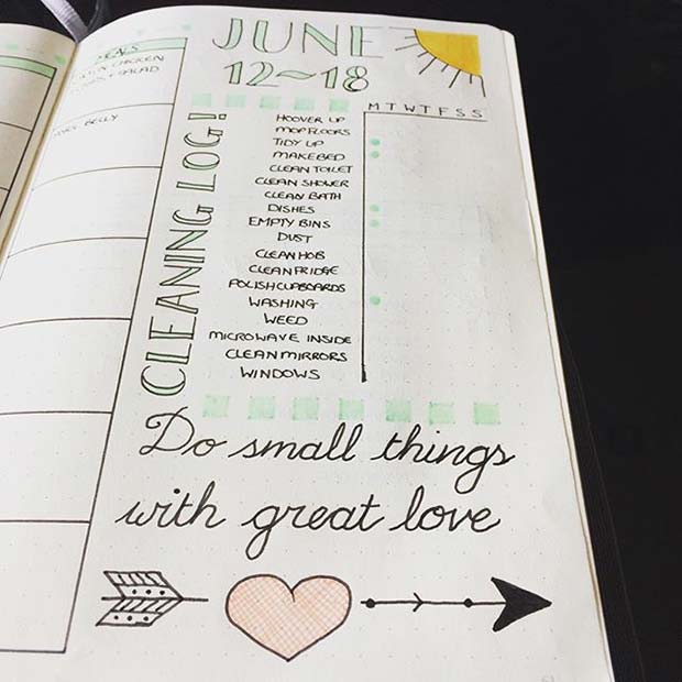 Εβδομαδιαίο ημερολόγιο καθαρισμού για ιδέες Bullet Journal