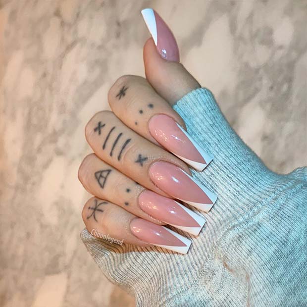 Nude Coffin Nails with White Tips