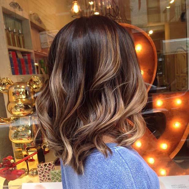 Brunette Balayage Chocolat Long Bob Coiffure