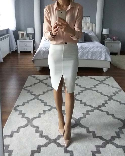 Idée de tenue de travail de printemps avec jupe blanche