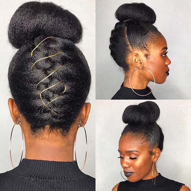 Idée de chignon tressé pour cheveux naturels