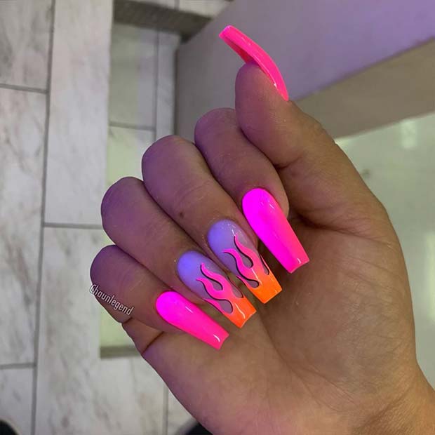 Neon Pink Nail Flames