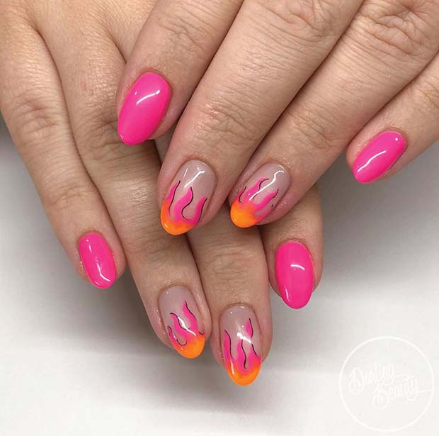 Ongles roses vifs avec Flame Art