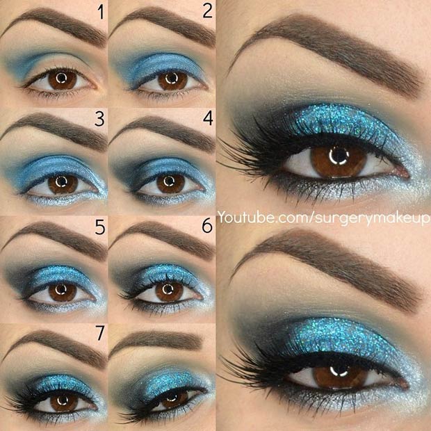 Light Blue Glitter Eye Makeup Look