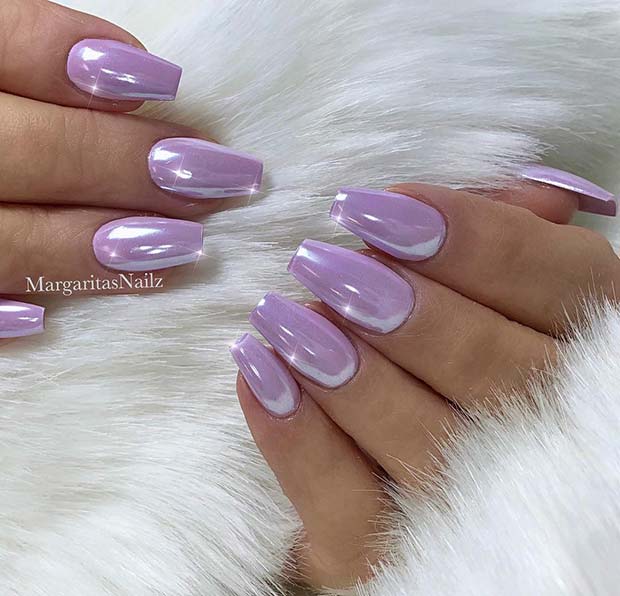 Lavender Chrome On Short Coffin Nails