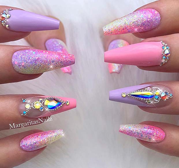 Glitzy Pastel Pink and Purple Mani