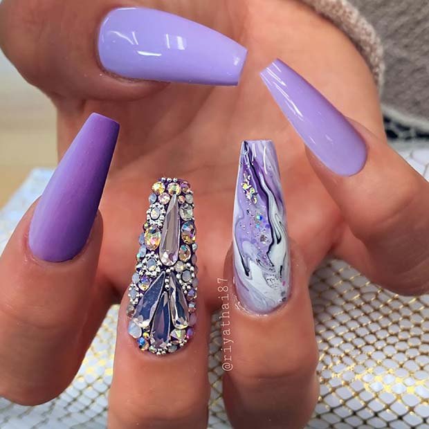 Statement Purple Nails with Marble Art and Rhinestones