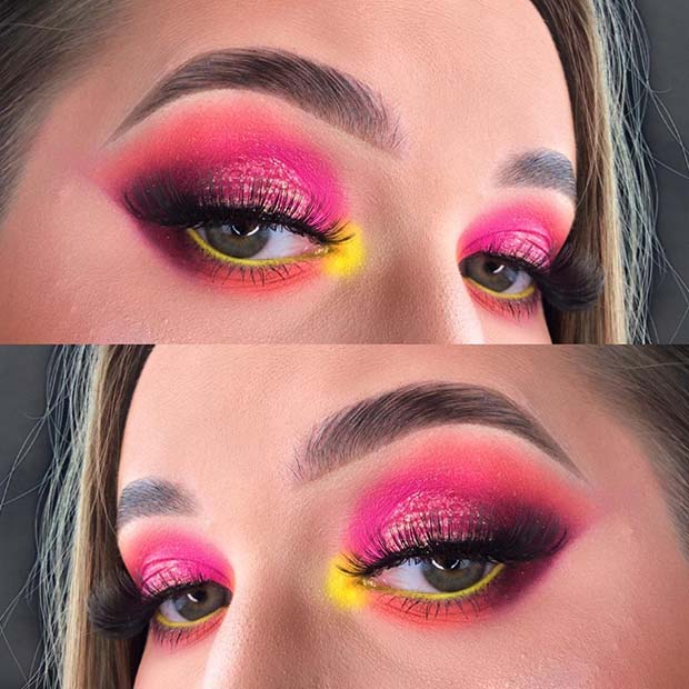 Maquillage rose fluo et jaune