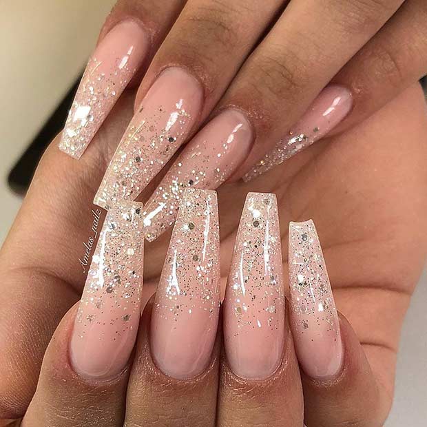 Ongles Ombre à Paillettes Blanches