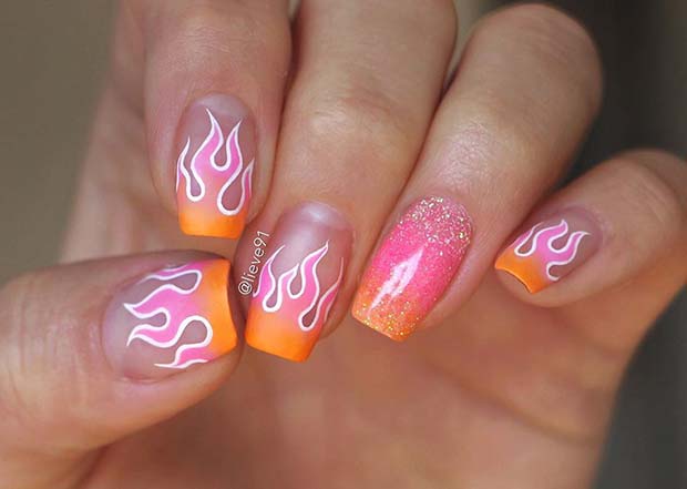 Ongles Flamme Rose et Orange