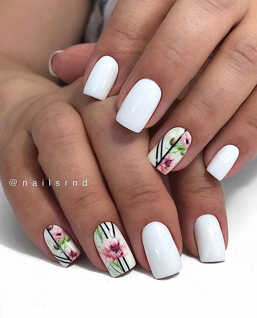 Κοντά λευκά νύχια με Floral Art
