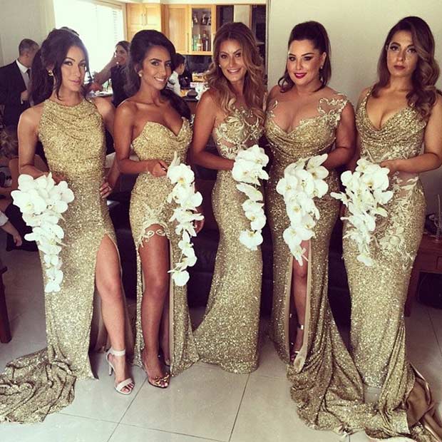 Gold Sequin Αταίριαστα Φορέματα για Bridesmaids