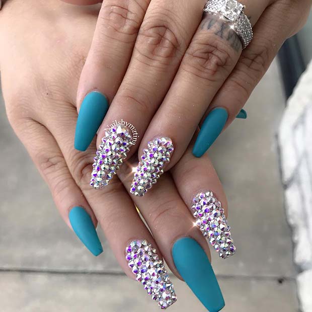 Ματ Teal Nails με στρας