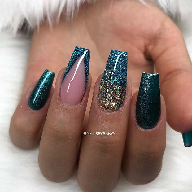 Glitter Dark Teal Nails