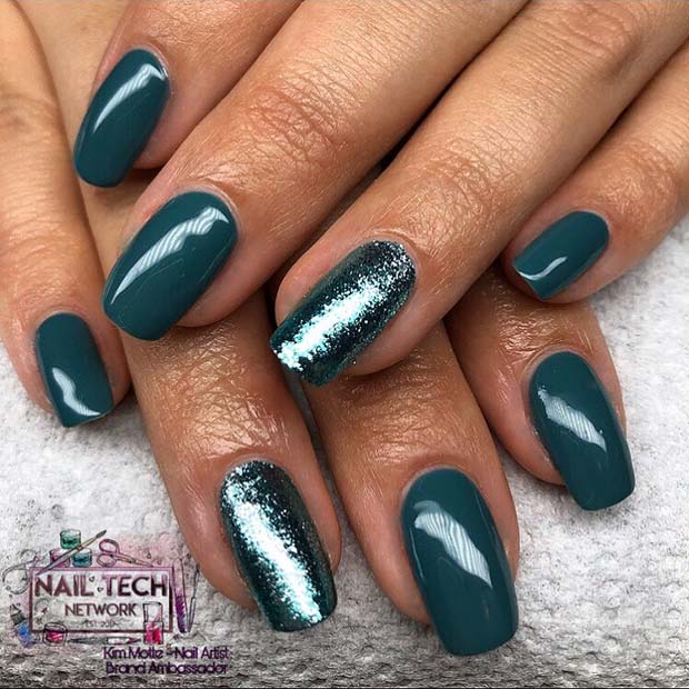 Teal Nails with Glitter Accent Nail