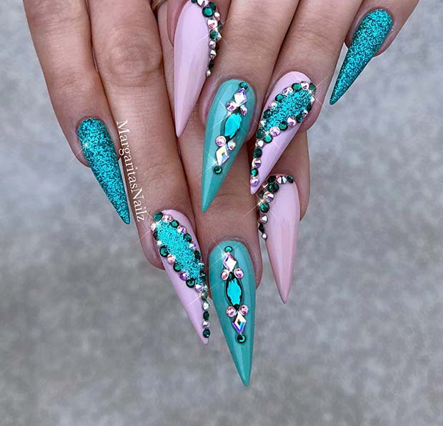Ongles Glitzy Rose et Teal