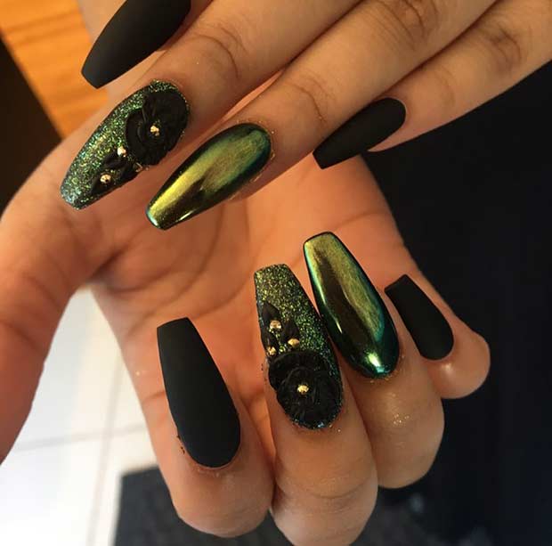 Ongles noir mat et vert métallisé