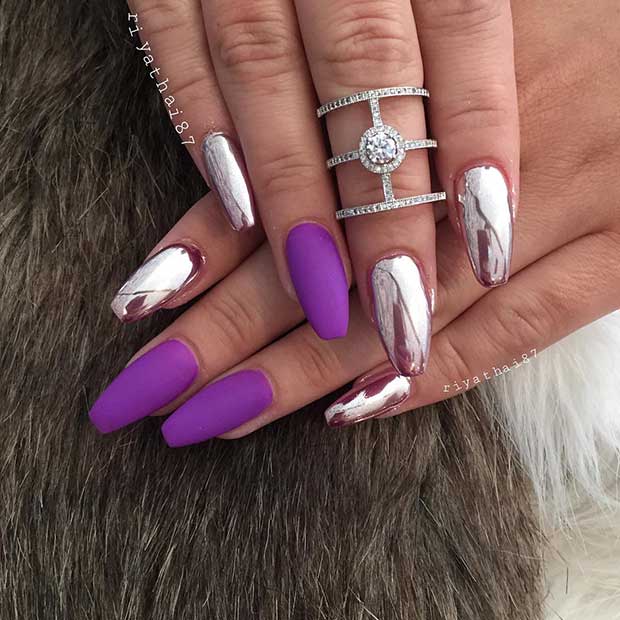 Matte Purple και Metallic Nail Art Design