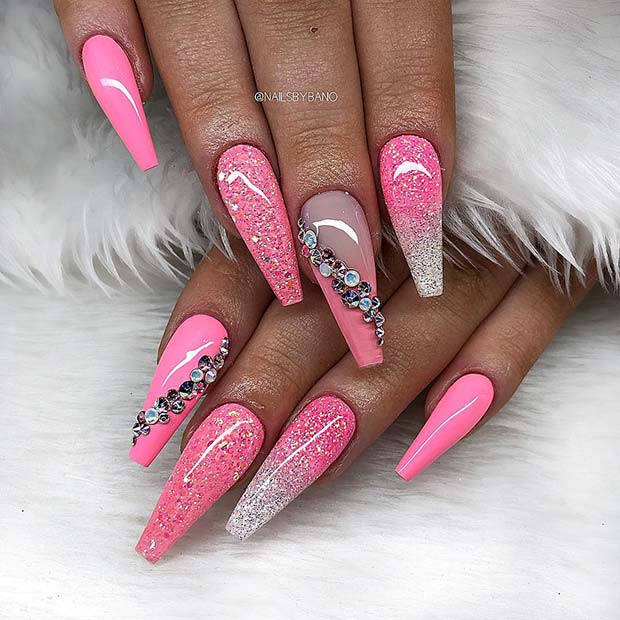 Sparkly Pink Coffin Nails