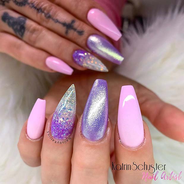 Ongles Glam Violet et Rose