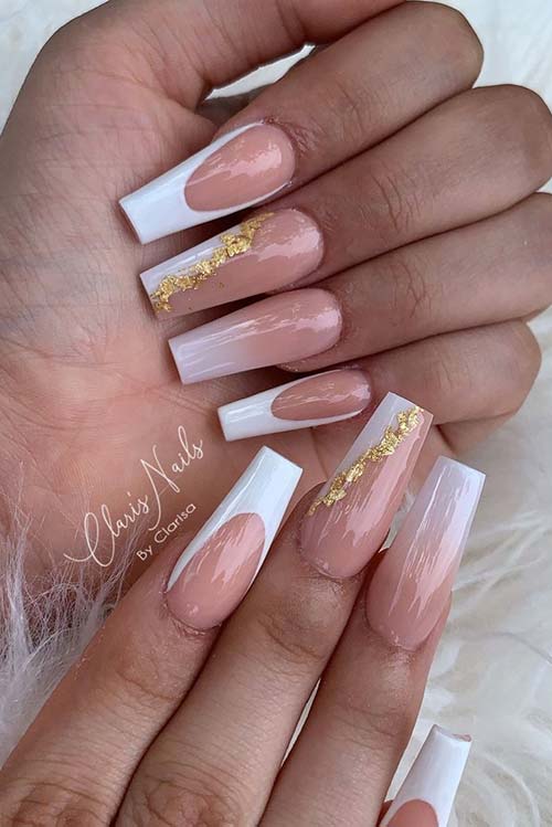 Ongles Nus avec Or et Blanc