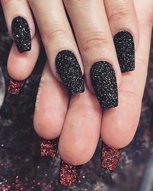 Μαύρα Glitter Nails με κόκκινες πλάτες