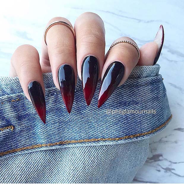 Ongles Stiletto Ombre Noir à Rouge