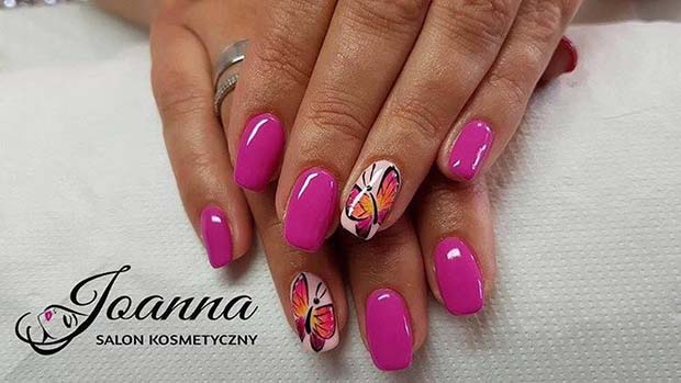 Nail Art rose vif et papillon pour l'idée d'ongles d'été