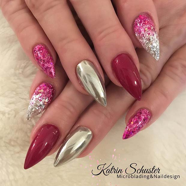 Ombre rose, chrome et paillettes