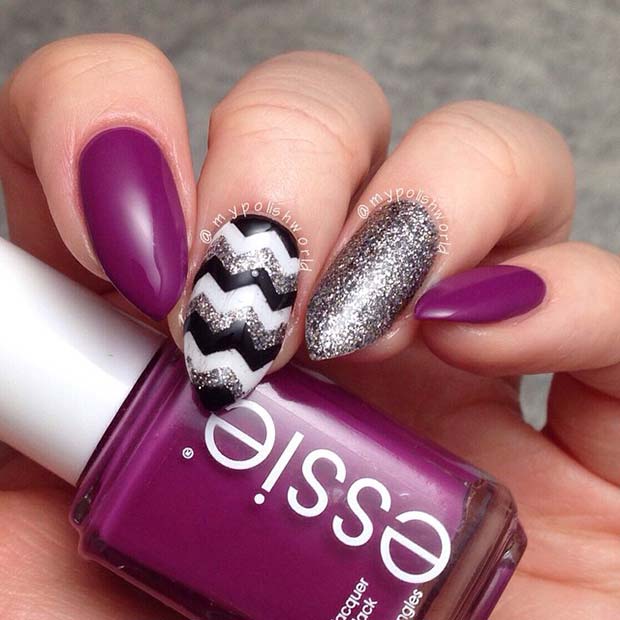 Ongles violets avec Chevron Nail Art