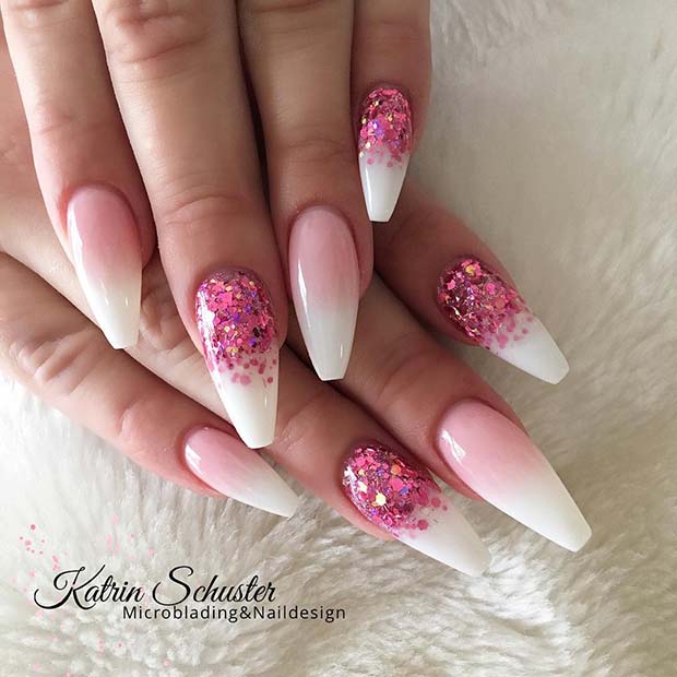 Glitter Pink και White Ombre Nails