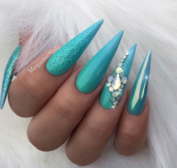 Bold Blue Ombre Stiletto Nails