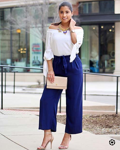 Pantalon bleu chic et haut blanc