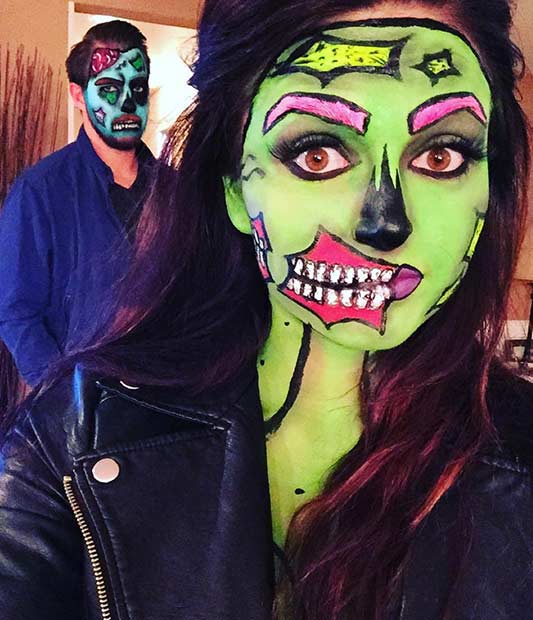 Costume d'Halloween de couple de zombies pop art