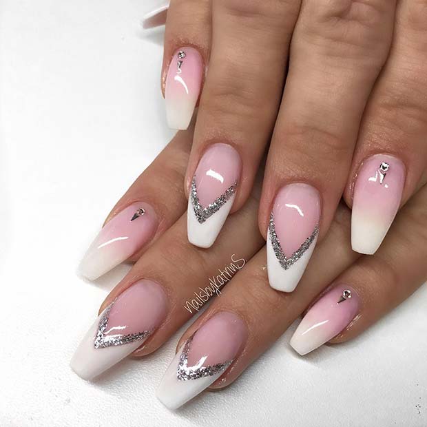 French Tip Nails with Silver Glitter