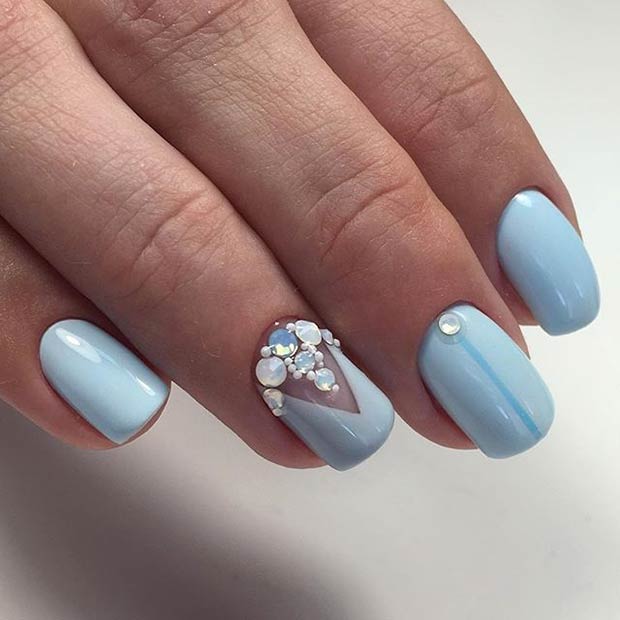 Pastel Blue Nail Art Design με στρας