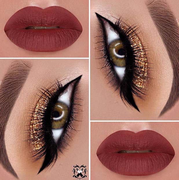 Glam Gold Glitter Yeux et Lèvres Rouges