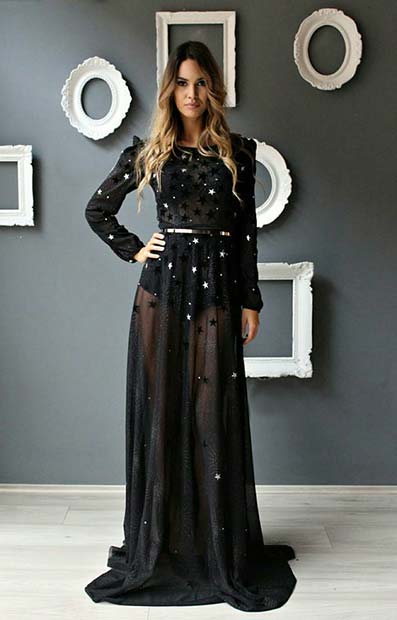 Robe longue noire transparente