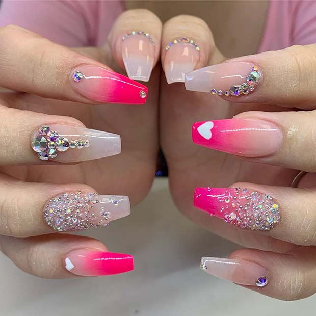 Glitzy Pink Nails with Crystals