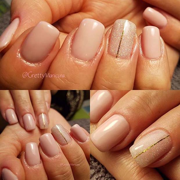 Nude Nails with Glitter and Gold Accent Nail for Glitter Nail Design Idea